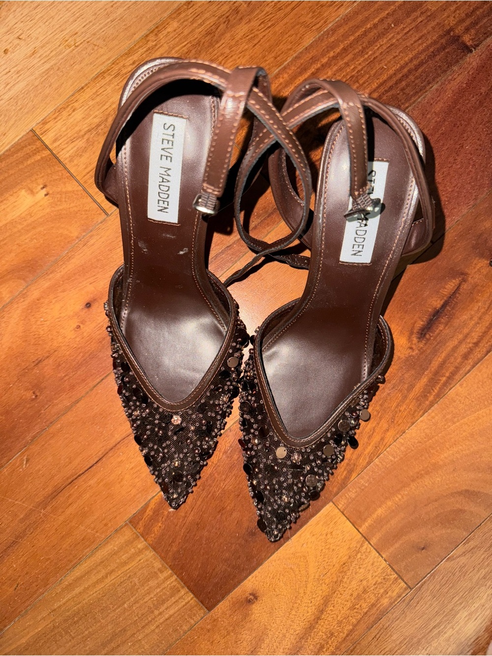 Steve Madden Brown Jeweled Pointed-Toe Slingback Heels - Picture 2 of 3